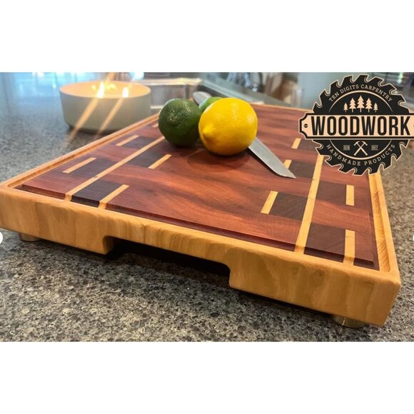 African Padauk, Ash, Beeswax, & Mahogany Handcrafted Wooden Cutting Board - Picture 4 of 9